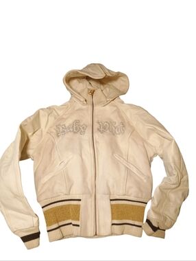 RARE Vintage Baby Phat Y2K Genuine Leather sleeve Cream Jacket Rhinestone Logo